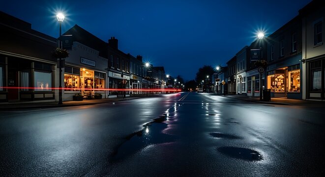 A night view of a quiet, small-town street with streetlights illuminating buildings and a wet road reflecting lights from passing vehicles