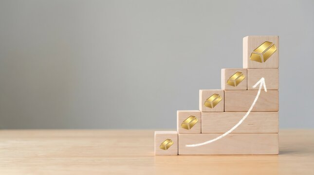 Gold investment growth concept with wooden blocks and upward arrow symbolizing wealth building, financial success, precious metal market trend and long-term asset appreciation.