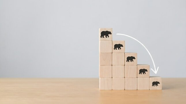 Bear market stock decline concept with wooden blocks and downward arrow representing falling markets, economic recession, investor fear and financial downturn.