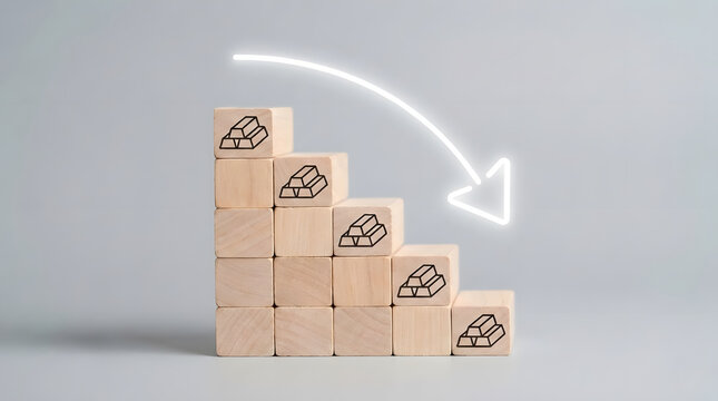 Gold price decline concept with wooden blocks and downward arrow illustrating falling precious metal value, market correction, investment risk and economic downturn.