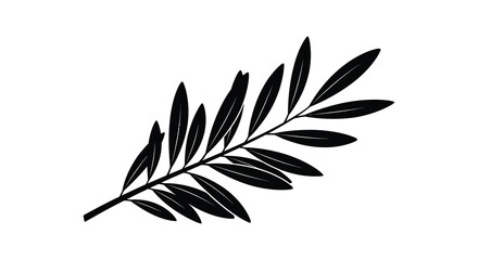A striking black silhouette of an olive branch with slender leaves gracefully curving downwards silhouette high quality professional detailed © Nupur02