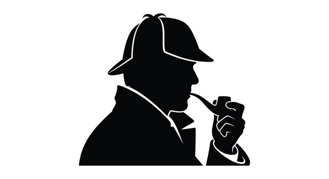 A striking black silhouette depicts a man in a deerstalker hat smoking a pipe embodying classic detective imagery silhouette