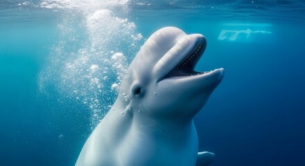 Obraz premium A dolphin swims underwater with bubbles rising to the surface in the ocean