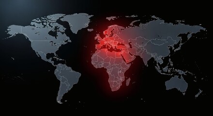 Naklejka premium A world map with Europe and Africa highlighted in red on a dark background