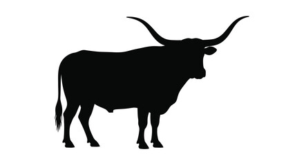 A striking black silhouette of a large african buffalo stands prominently against a clean white background silhouette high quality © Nupur02