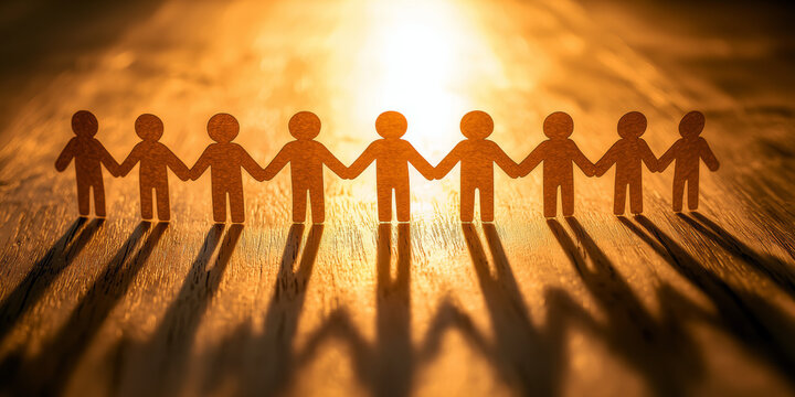 Paper figures stand together in a line, symbolizing unity and friendship in a warm, sunlit environment