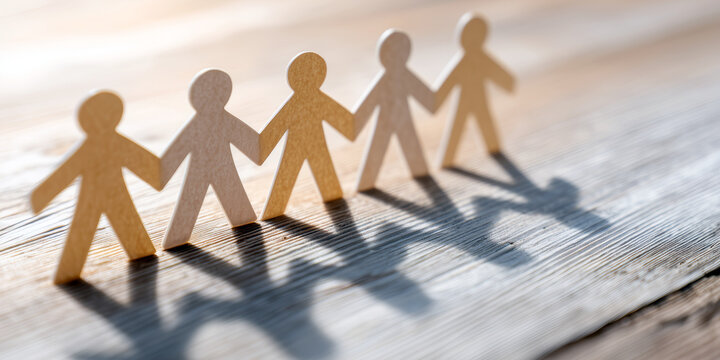 Wooden figures stand in a line casting shadows on a wooden surface, representing unity and connection among individuals