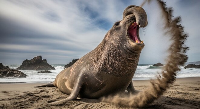 A large elephant seal roars on a sandy beach with rocks and ocean in the background under a cloudy sky.