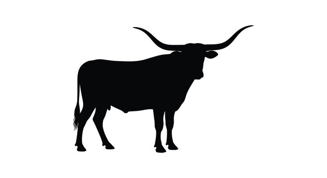 A striking black silhouette of a longhorn steer standing in profile showcasing its iconic horns silhouette high quality professional