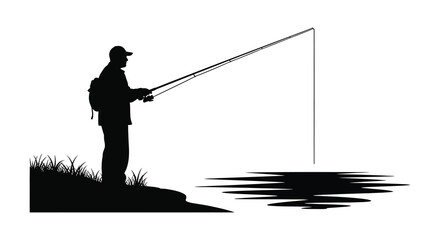 A solitary fisherman stands on a grassy bank casting a line into the water a striking silhouette high quality © Nupur02
