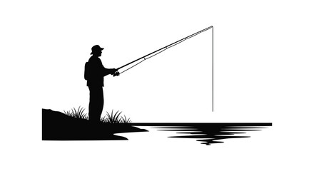 A solitary fisherman stands poised with a fishing rod by the water s edge creating a striking silhouette high quality © Nupur02
