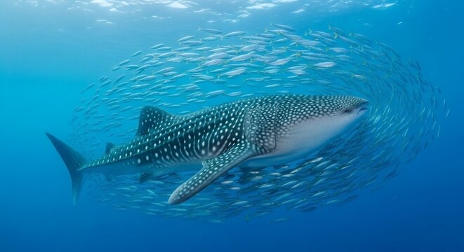 A whale shark swims peacefully surrounded by a school of small fish in the clear blue ocean water.