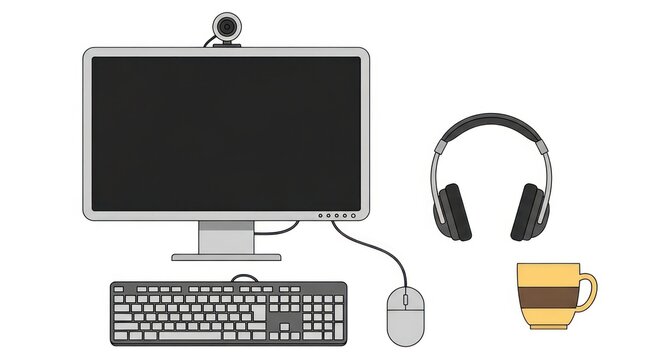 Computer monitor with webcam keyboard mouse headphones and mug illustration