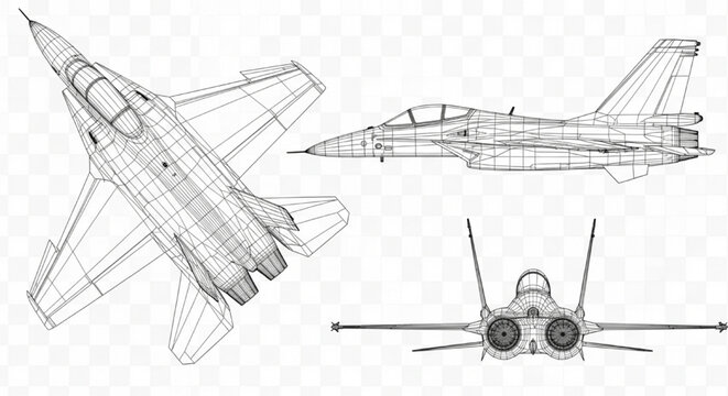 Fighter Jet, Aircraft, Wireframe, Vector, Aviation &ndash; Technical Drawing Top Side Rear Views