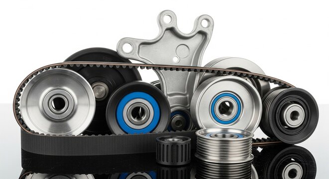 Collection of car engine belt and pulley system components for automotive maintenance and repair