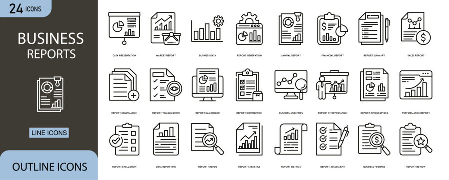Business reports icons set showing charts, documents, analytics, statistics, performance review, financial report, presentation and data analysis in clean outline vector style.