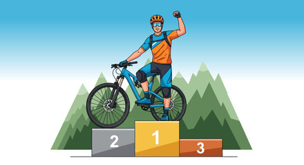 Joyful Mountain Biker on Podium Celebrating Victory with Raised Fist Extreme Sports Achievement Outdoor Adventure © Nomads Studio
