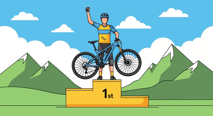 Mountain Biker Wins Championship Celebrates Victory on Podium with Bicycle © Nomads Studio