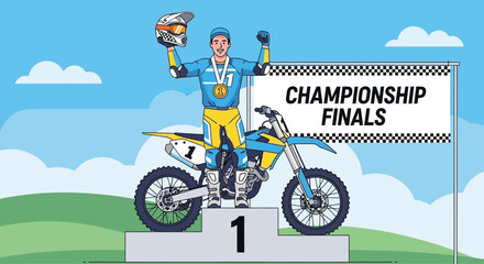 Motocross Champion Celebrates Victory on Podium with Motorcycle Winning Gold Medal at Championship Finals © Nomads Studio