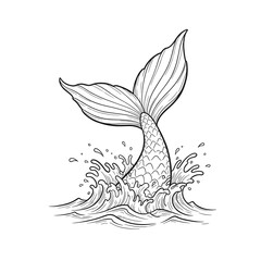 Fototapeta premium Black And White Mermaid Tail Emerging From Water Illustration