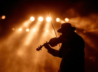 Fototapeta premium Silhouetted musician playing violin against a warm, glowing backdrop of stage lights.