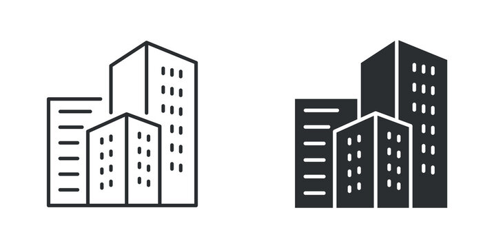 City buildings skyline architecture icon in outline and solid silhouette style. Vector illustration.