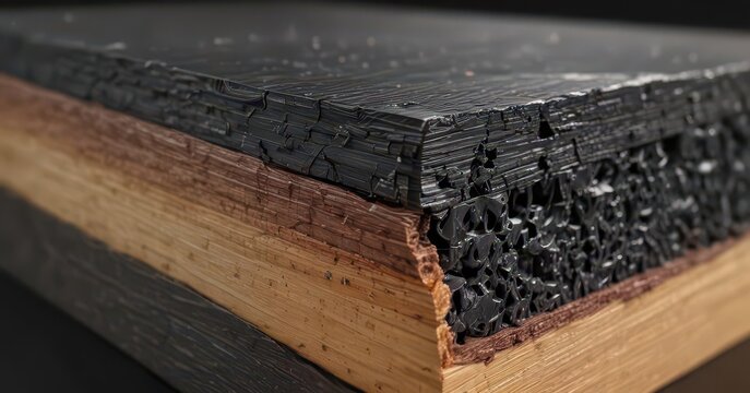 Layered Composite Material Cross-Section with Bamboo Fiber and Carbon Fiber,  eco-friendly material ,  high-tech fabric,  metallic threads