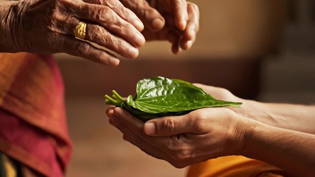 Elderly Indian woman's wrinkled hands offering fresh betel leaves to younger hands for a traditional ritual concept and cultural heritage