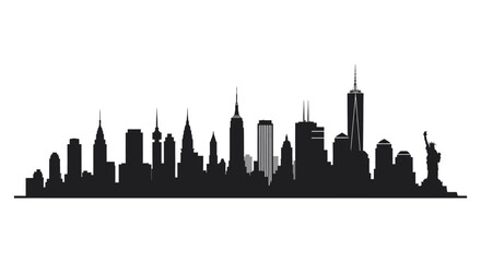 A striking black cityscape outlines iconic new york buildings including the statue of liberty as a silhouette high quality © Nupur02