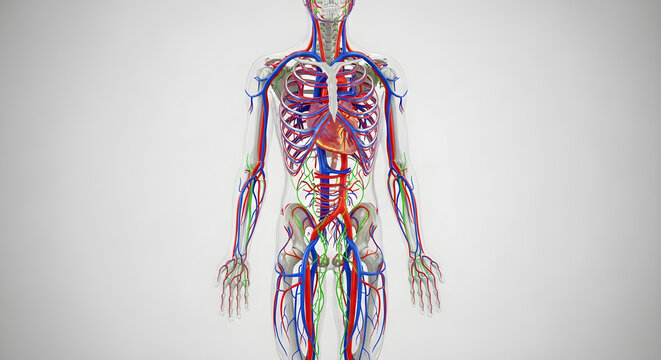 Full body transparent render of human anatomy showing skeleton organs and circulatory system