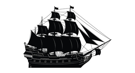 A detailed black and white illustration depicts a vintage sailing ship with multiple masts and sails a striking silhouette © Nupur02