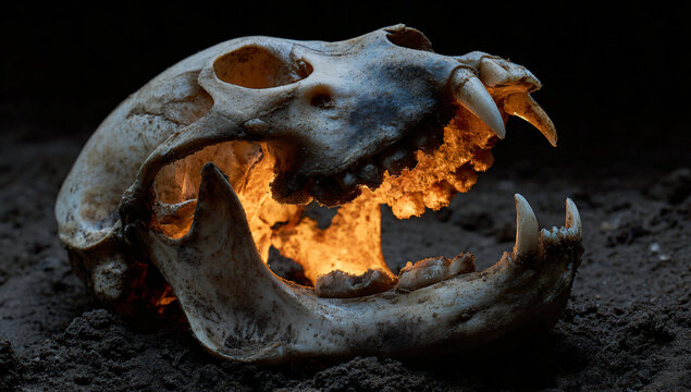 A detailed animal skull illuminated from within, showcasing intricate bone structure against a dark background.