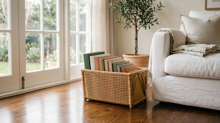 Fototapeta premium Serene Indoor Scene: A sun-drenched living area adorned with natural textures and elements of comfort. Showcasing a welcoming interior with hardwood flooring and natural light.