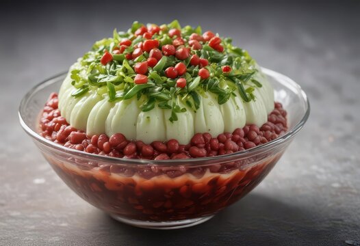 Close-up of chendol iced dessert with red bean paste,  sweet paste,  dessert texture,  red bean