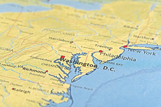 Close-up map of Washington D.C. and surrounding East Coast cities
