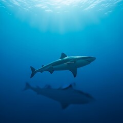 Obraz premium Large shark swimming in deep blue ocean.