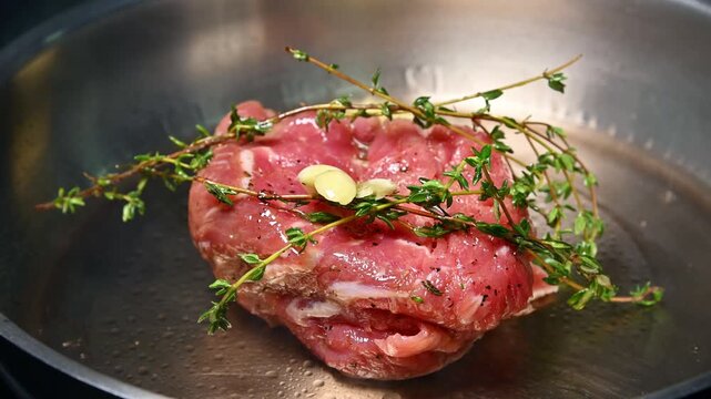 Raw beef steak with thyme and garlic in frying pan, preparing for cooking