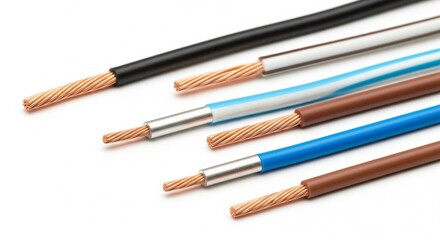 Electric cables with various colored insulation and copper wires exposed
