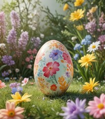 Colorful Easter egg with floral background and pastel colors in a spring garden setting , festive, pastel, nature