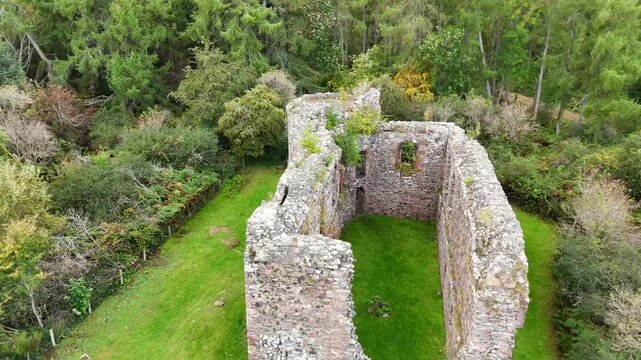 Cinematic 4K Drone Aerial View of Rait Castle Ruins, Historic Hall House in Nairn, Scottish Highlands