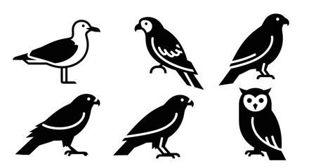 Obraz premium Diverse Bird Silhouettes and Icons Set: Owl, Hawk, Eagle, Seagull Vector Graphics Collection