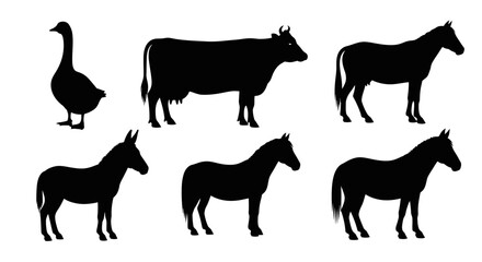 Obraz premium Farm Animals Silhouettes Collection: Goose, Cow, Horse, and Donkey Outlines