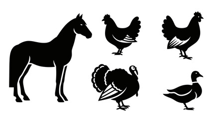 Obraz premium Farm Animals Silhouettes Collection: Horse, Chicken, Turkey, Duck Icons