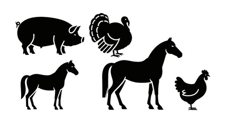 Obraz premium Farm Animals Silhouettes Collection on White Background