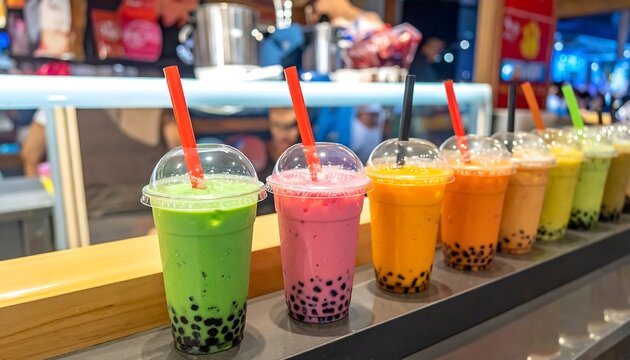 Variety of colorful boba teas in plastic cups with bright red and black straws lined on a countertop