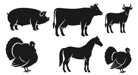 Fototapeta na wymiar Farm Animals Silhouettes Set: Pig, Cow, Bull, Horse, and Turkeys Icons Collection