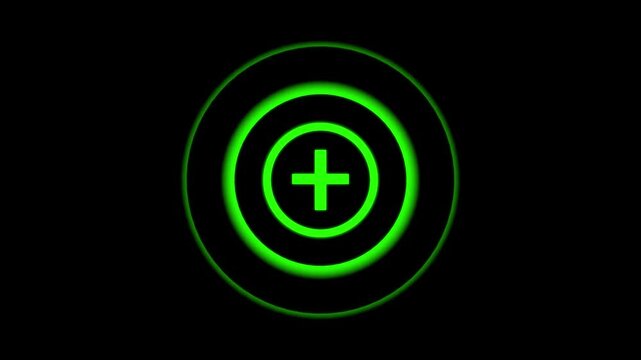 A vibrant green circular plus sign icon against a black background