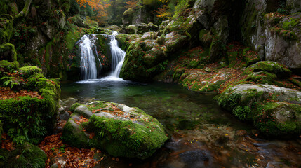 Obraz premium Mossy waterfall in autumn forest