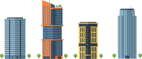 Minimal hand-drawn vector illustration set of modern high-rise buildings with diverse architectural designs and urban cityscape elements in clean outline style © Creative design