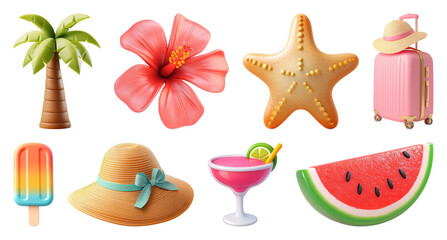 Obraz premium PNG Tropical summer vacation icons, transparent background